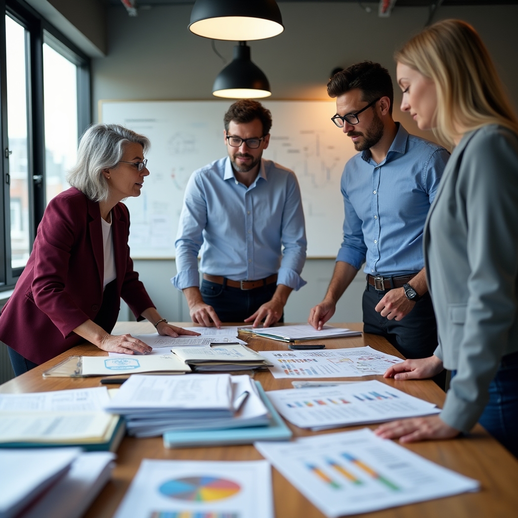 Team reviewing multiple contract documents spread across a large conference table
