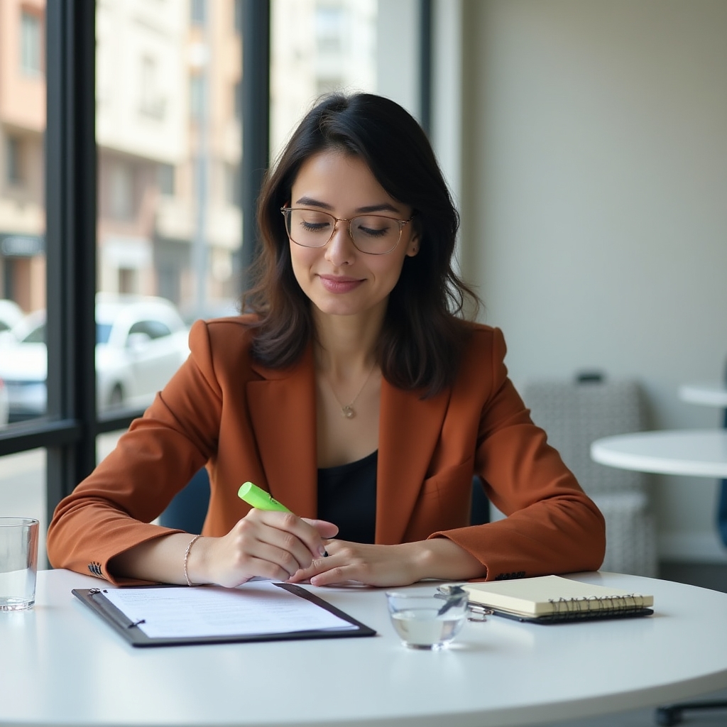 Professional conducting a focused contract review session with documents on table