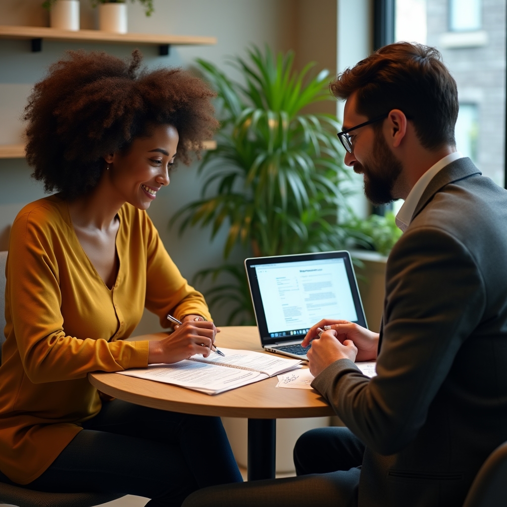 Business owner and consultant reviewing updated contract documents in a follow-up meeting