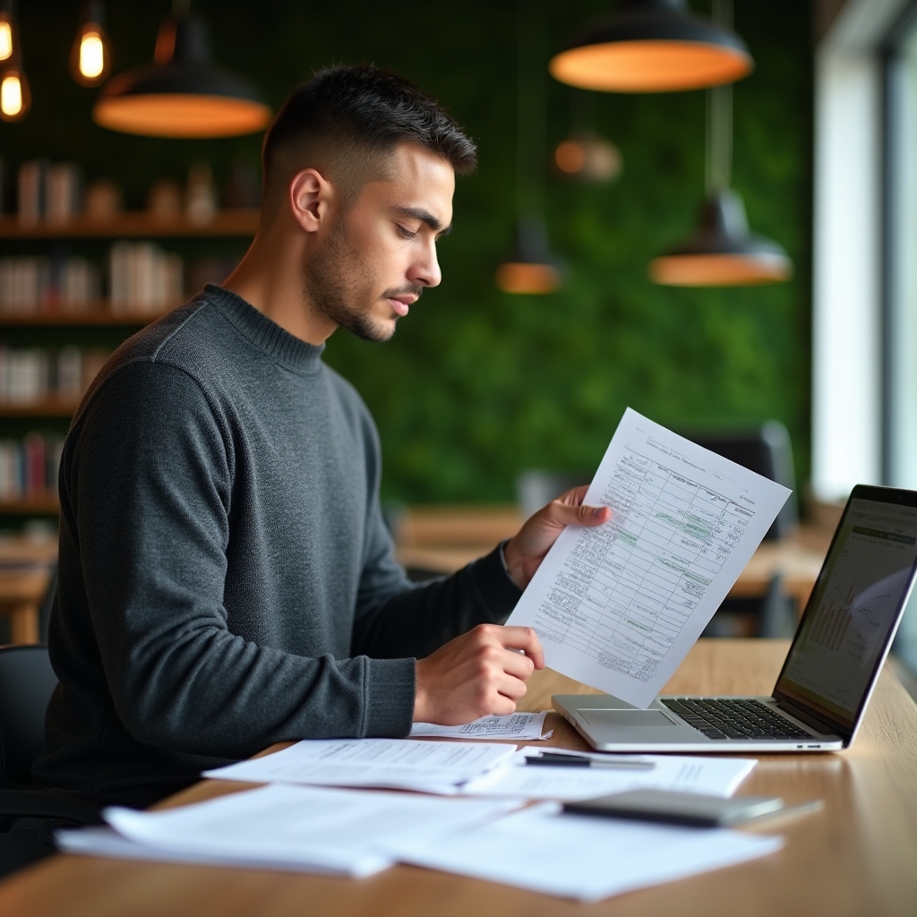 Professional conducting independent contract analysis with documents and laptop in modern workspace