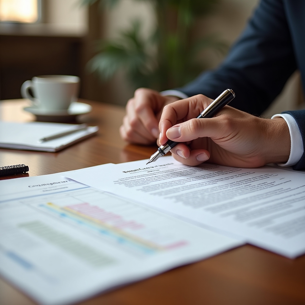 Professional analyzing a new contract document before signing, with pen in hand at modern desk