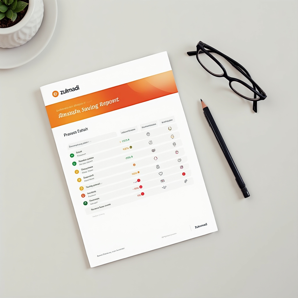 Structured savings report document with organized sections and highlighted findings on a clean desk