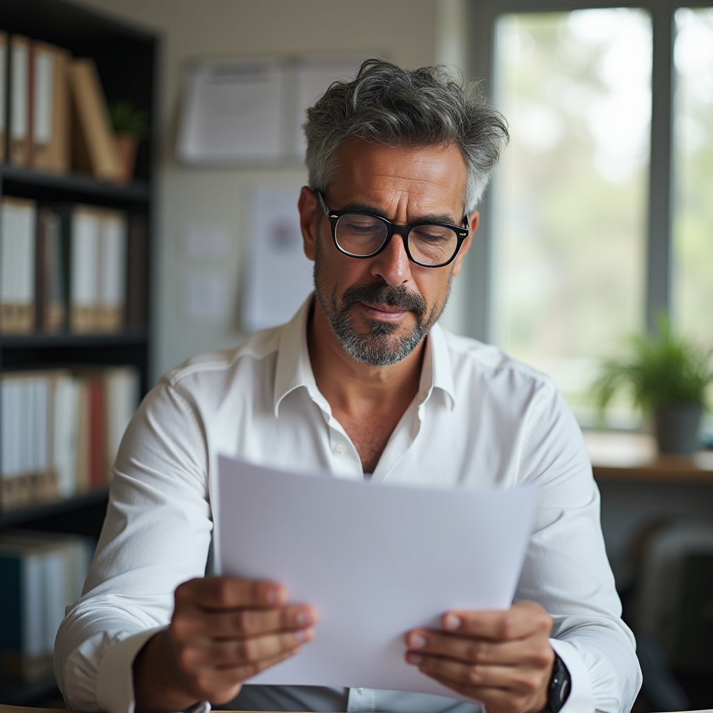 Argentine SME business owner reviewing documents in a small office setting